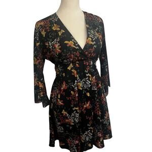 KLD Signature Bird Botanical Print Faux Wrap Dress | Small | Whimsical Fairygoth